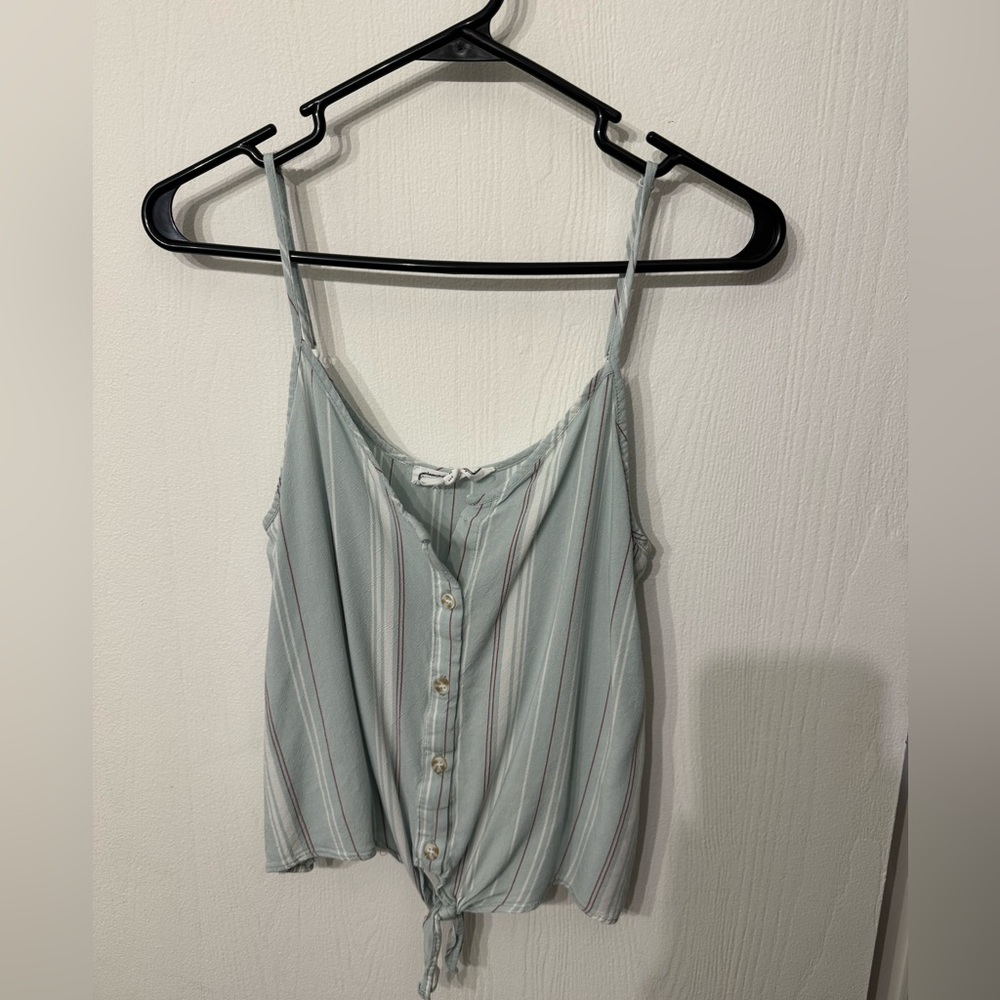 Hippie Rose, medium tank top. Light blue with white and red stripes.